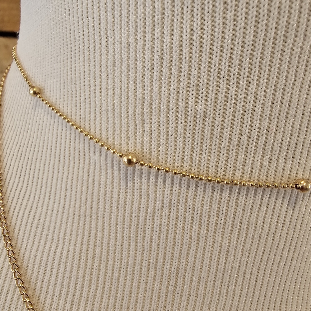 Double Strand Goldtone Necklace with Pale Pink Faceted Stone - Picture 4 of 5